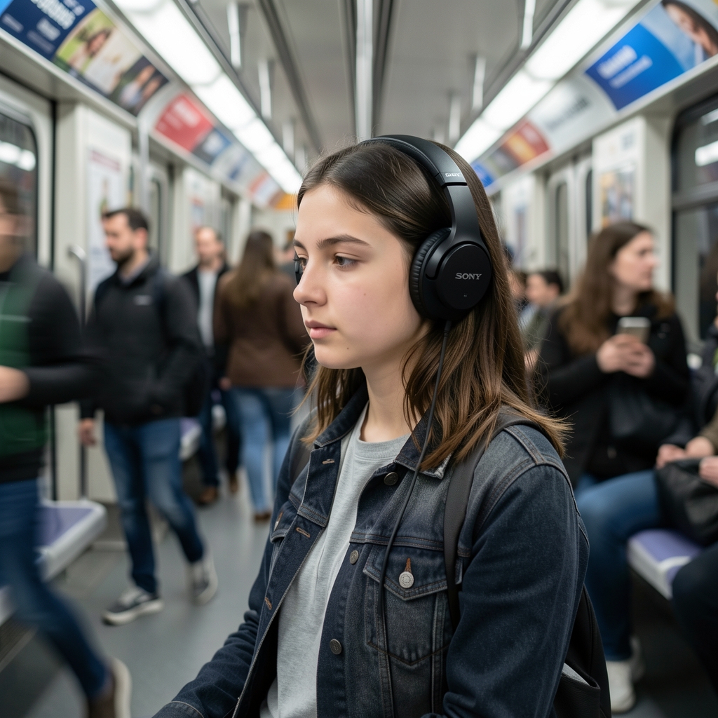 Persoană purtând căști wireless în mediu urban aglomerat, concentrată pe muzică, fundal blur cu trafic