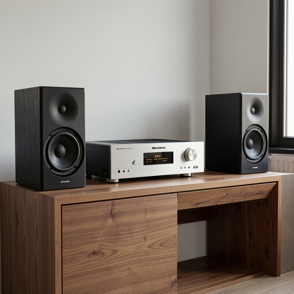 Sistem hi-fi complet cu pickup de vinil, amplificator cu tuburi și boxe de podea în cameră cu mobilier retro-modern