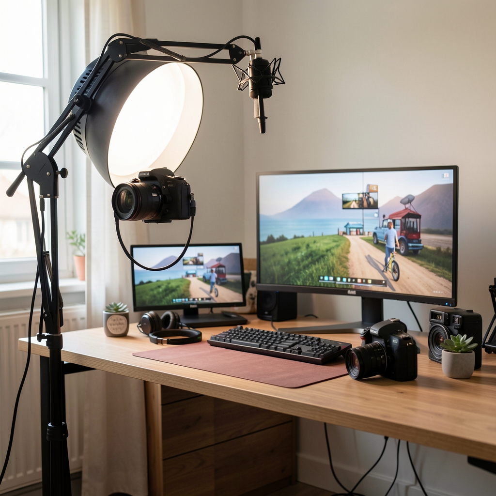 Setup de streaming profesional acasă cu microfon arm, cameră DSLR, iluminare de cheie și monitor dual