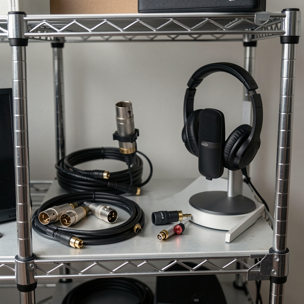Colecție de accesorii audio: cabluri XLR, adaptoare, suporturi pentru căști pe raft metalic
