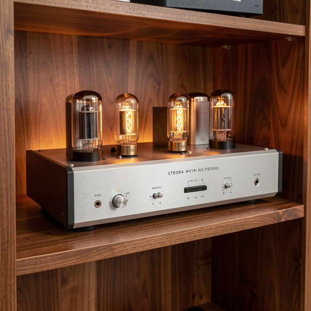 Amplificator hi-fi stereo cu tuburi vacuum pe raft din lemn de nuc, iluminare caldă