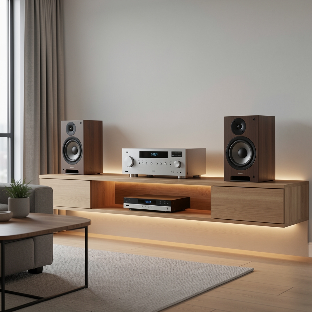 Boxe smart cu iluminare LED în living modern, sistem stereo pe raft de lemn