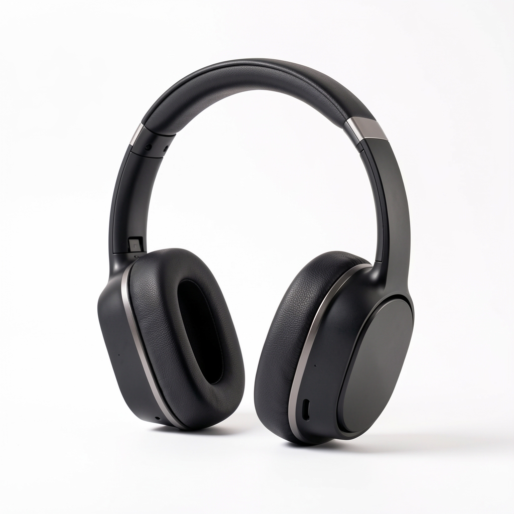 Căști over-ear wireless premium cu pernițe din piele și design minimalist pe fundal alb