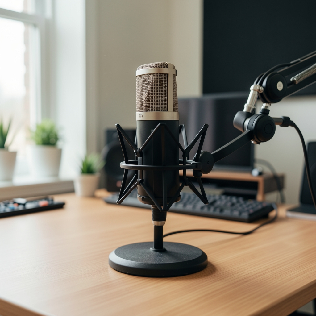 Microfon condenser de studio cu suport anti-șoc pe birou profesional de podcasting