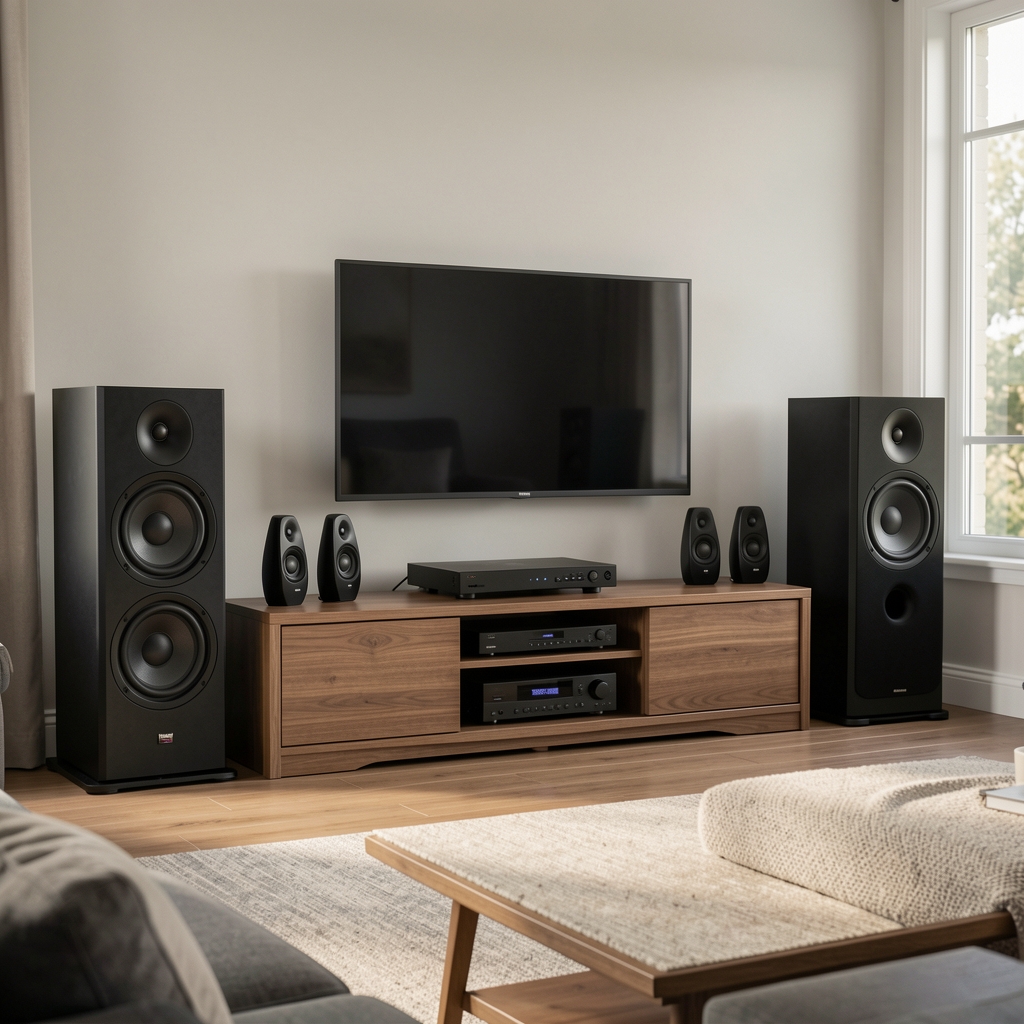 Sistem audio 5.1 home theater cu subwoofer și sateliți în cameră de cinema acasă