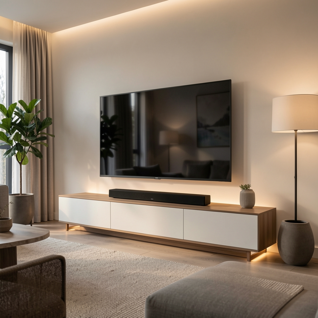 Soundbar elegant sub televizor OLED într-un living contemporan cu lumini ambientale