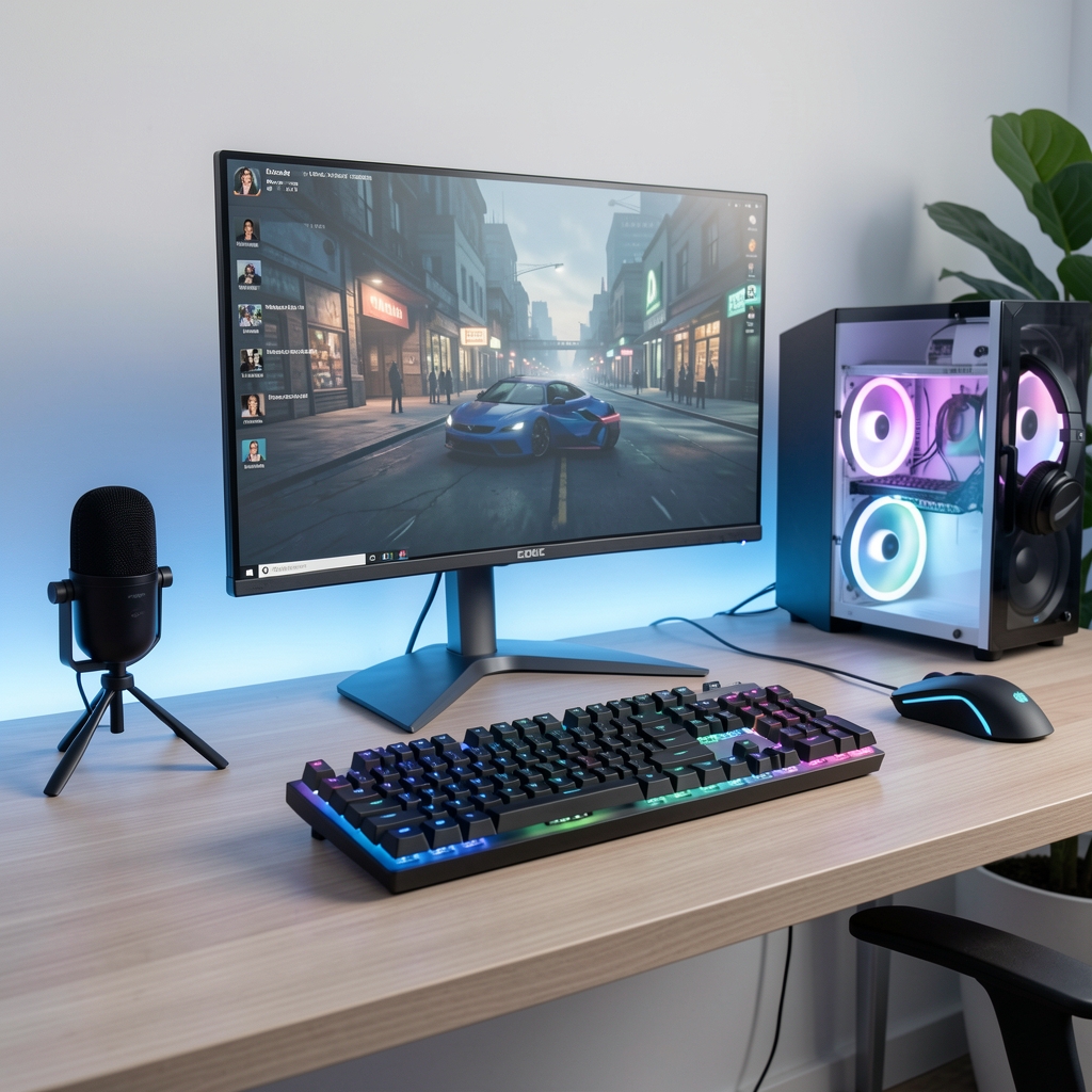 Setup complet pentru streaming cu RGB, microfon, tastatură mecanică și iluminare albastră