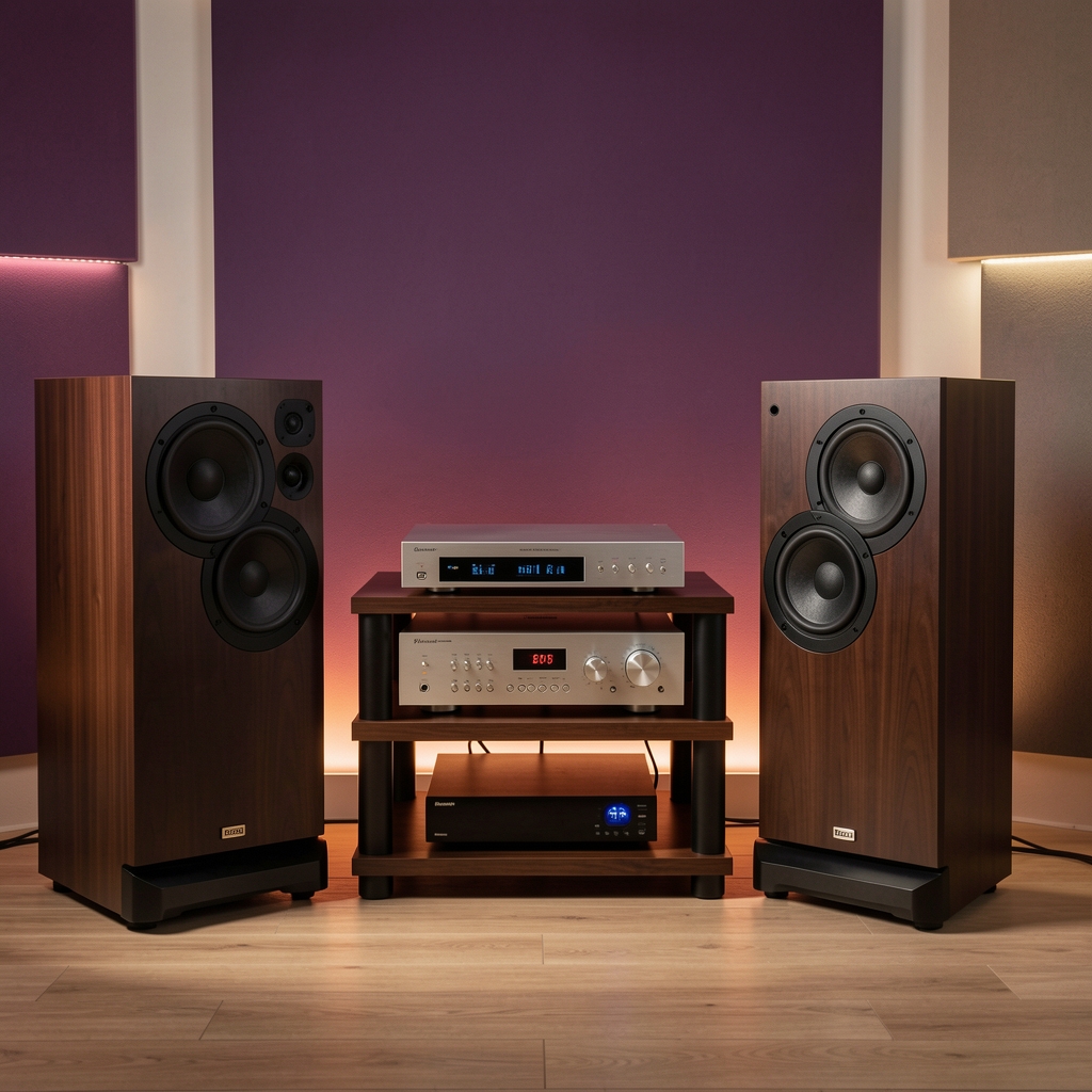 Studio multimedia modern cu echipamente audio premium, boxe Hi-Fi, amplificator integrat și iluminare ambientală caldă în tonuri de chihlimbar