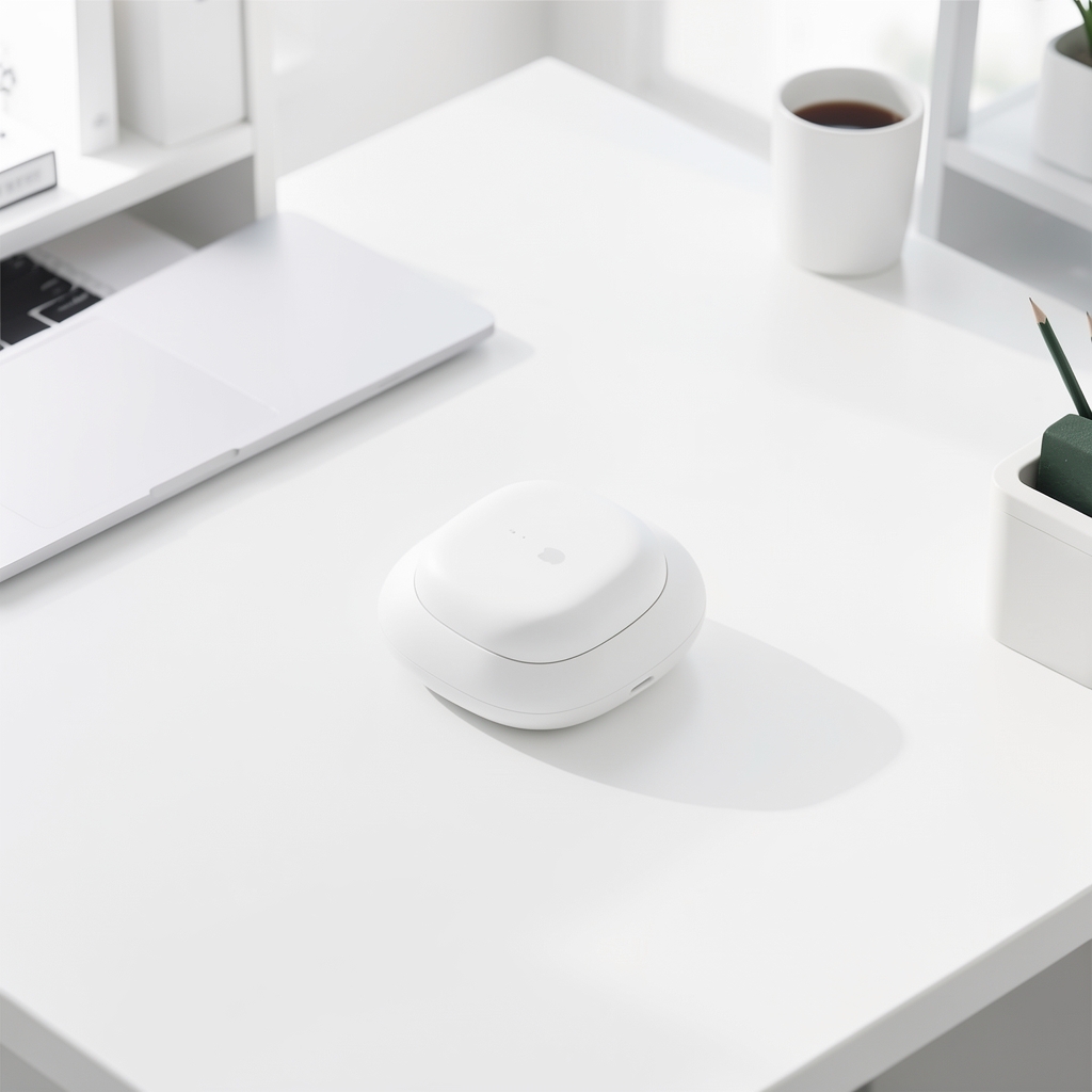 Apple AirPods Pro generatia 2 cu carcasă de încărcare MagSafe pe fundal alb mat, vedere izometrică