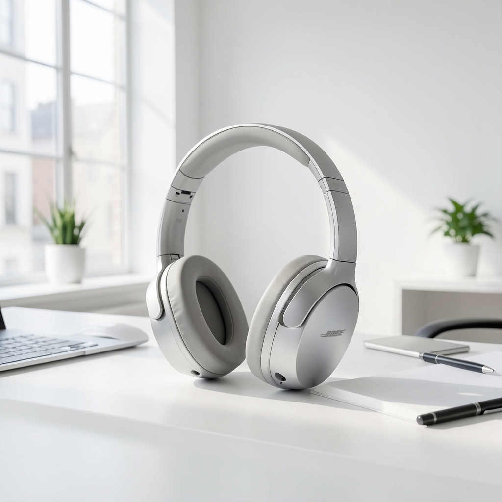 Bose QuietComfort 45 căști over-ear premium cu husă de transport, culoare argintie, pe fundal curat