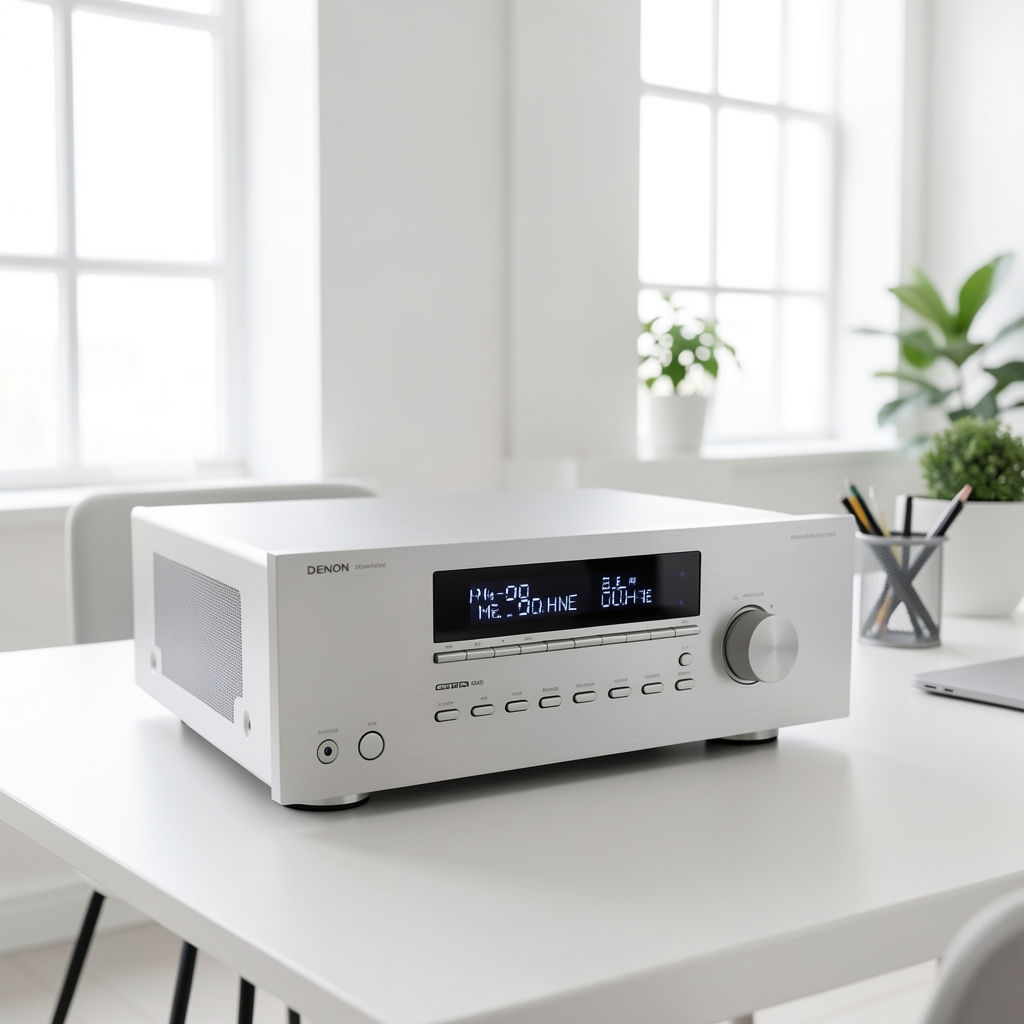 Amplificator stereo Denon PMA-900HNE argintiu cu afișaj digital și butoane de control pe față