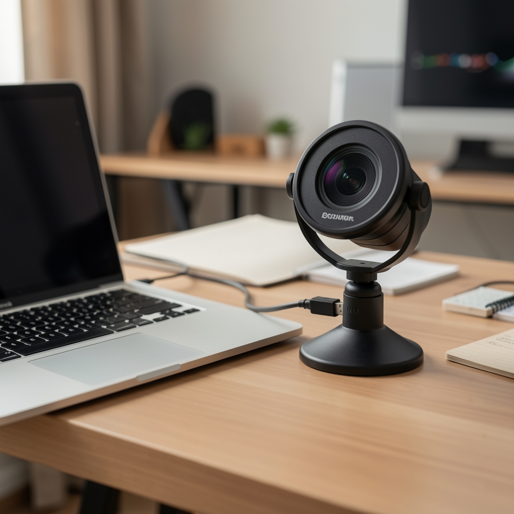 Microfon Rode NT-USB Mini conectat la laptop pe birou de home studio, cu filtru pop-up
