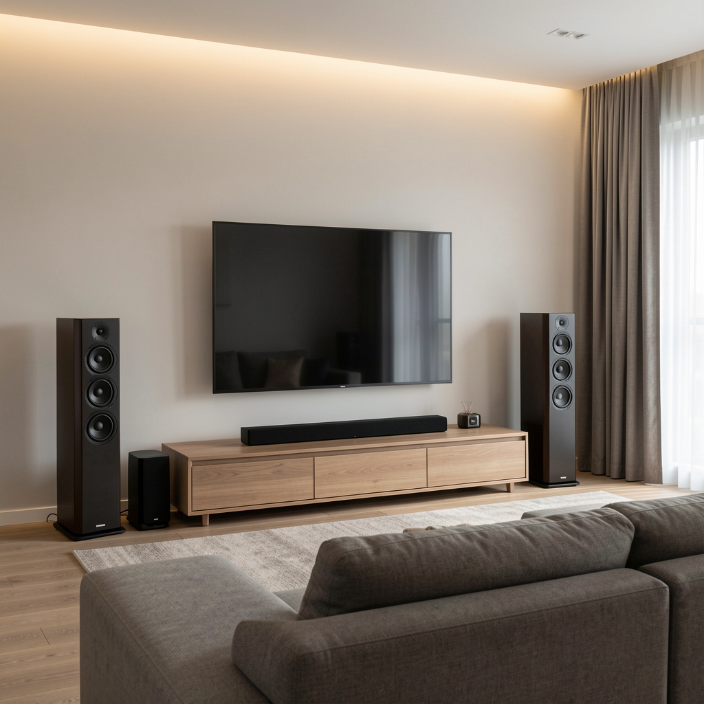 Samsung HW-Q990C soundbar cu subwoofer wireless și sateliți surround în living modern cu lumini indirecte